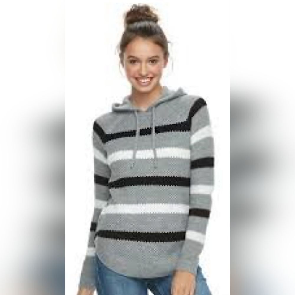 Cloud Chaser Gray, Black, & White Striped Knit Hoodie (M)
